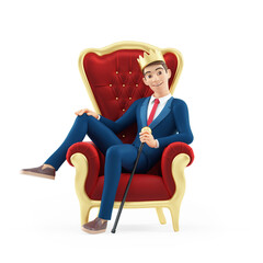 3d cartoon businessman sitting in throne