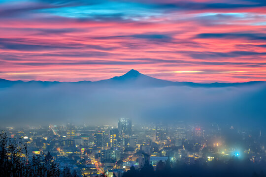 Foggy Sunrise with Mt. Hood and Portland, Oregon