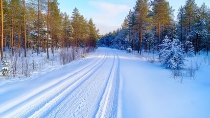 Obraz premium The golden light of sunrise illuminates a snow-covered path through a winter forest, creating a magical scene.