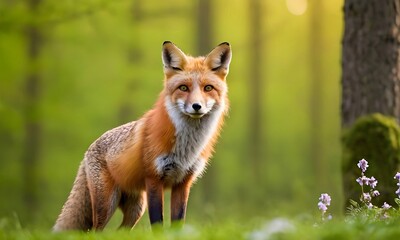 Obraz premium close up of fox against the background of blooming green spring forest