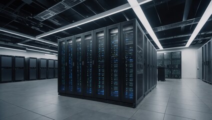A data center with rows of virtual machines, Computer networking server room in office