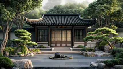 Naklejka premium A serene traditional structure with a landscaped garden, embodying tranquility and harmony.