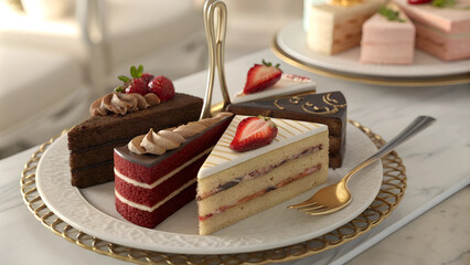 Luxurious cake tasting platter featuring assorted cakes and strawberries