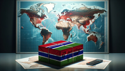 A Gambia branded box rests on a table, with a world map featuring highlighted trade routes in the background, symbolizing international logistics and commerce.