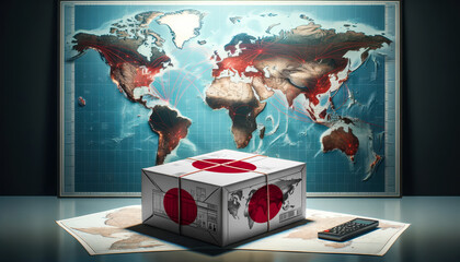 A Japan branded box rests on a table, with a world map featuring highlighted trade routes in the background, symbolizing international logistics and commerce.