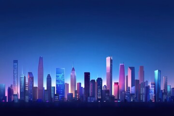 Naklejka premium A vibrant urban skyline at dusk, showcasing modern architecture with colorful neon lights against a blue backdrop.