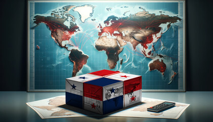 A Panama branded box rests on a table, with a world map featuring highlighted trade routes in the background, symbolizing international logistics and commerce.
