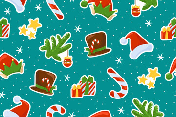 Christmas seamless pattern. Festive pattern with  elf hat, santa hat, christmas tree, candy cane, snowman hat, stars, gifts, snowflakes. Dark background. Winter print. Vector illustration.