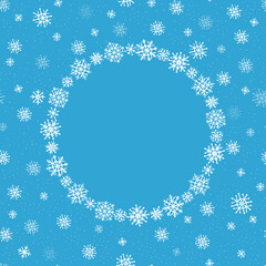 Festive New Year, Christmas card with a round frame and flying snowflakes. Vector illustration on a blue background.