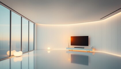 A futuristic, minimalist living room with a sleek, high-tech aesthetic, featuring a large, wall-to-wall window that lets in a warm, golden light from the outside, illuminating a subtle.