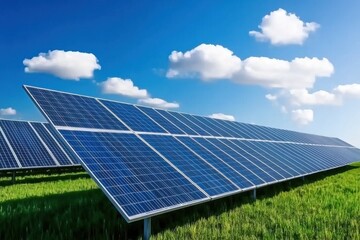 A vibrant solar panel field basking under a clear blue sky with fluffy clouds, showcasing renewable energy.