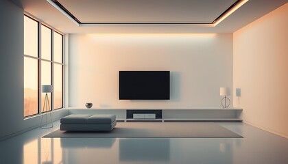 A futuristic, minimalist living room with a sleek, high-tech aesthetic, featuring a large, wall-to-wall window that lets in a warm, golden light from the outside, illuminating a subtle.