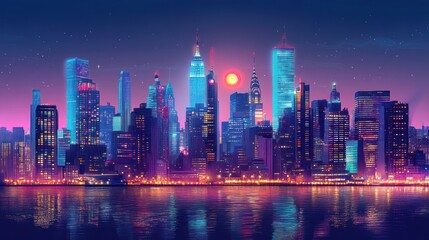 Vibrant city skyline at sunset with colorful lights reflecting on water.