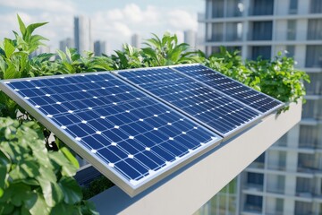 Fototapeta premium Solar panels atop a modern balcony surrounded by vibrant greenery, symbolizing sustainability and eco-friendliness.