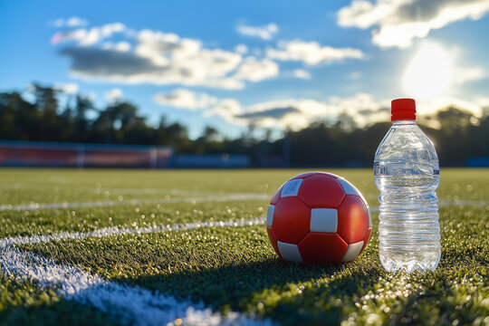 Football next to a water bottle on the field