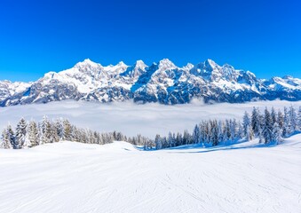 Obraz premium Snow-capped peaks, frosted forests, and a serene landscape captured under a clear blue sky with a gentle mist fill the majestic winter wonderland scene at Deogyu Mountain.