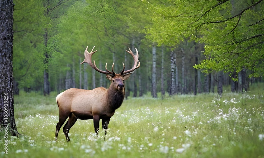 Wall mural close-up of a elk against the background of a blooming green spring forest