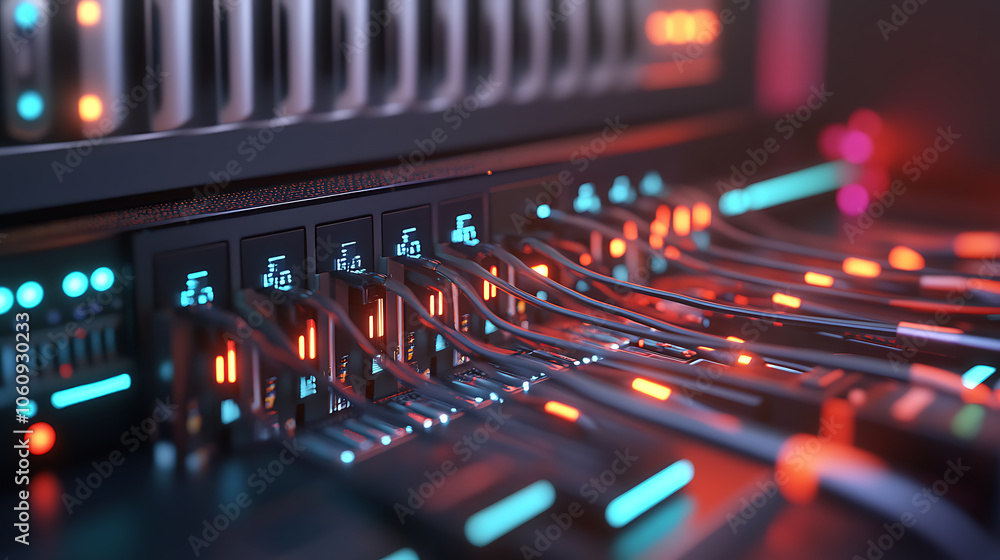 Poster 3d illustration banner of server room in data center full of telecommunication equipment, concept of