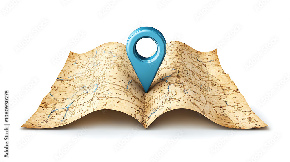 Poster 3d location folded paper map, search bar and pin isolated, blue gps pointer marker icon, gps and nav