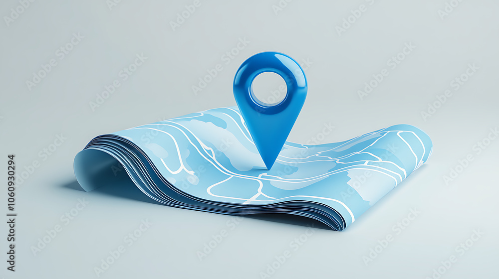 Aufkleber 3d location folded paper map, search bar and pin isolated, blue gps pointer marker icon, gps and nav