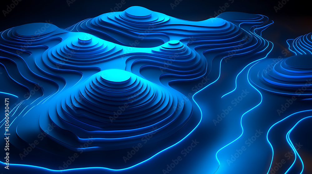 Poster 3D Topographic map background concept, Topo contour map, Rendering abstract illustration, Valleys and mountains, Geography concept, Wavy backdrop, Space surface, magic blue neon light curved lines