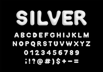 Silver 3d plastic balloon alphabet, symbols and numbers. Shiny inflated Y2K font ABC vector isolated