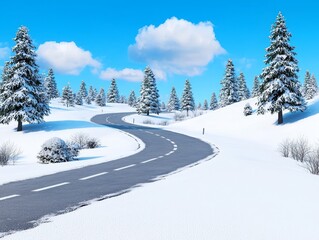 Obraz premium Under the clear blue sky of a winter morning, a snow-covered road is surrounded by trees