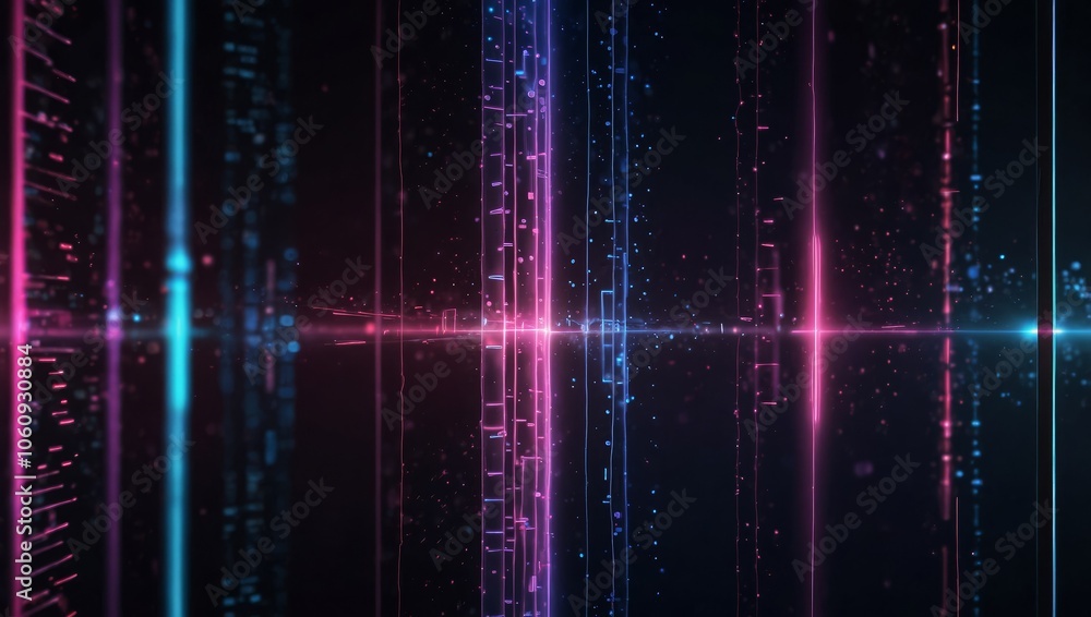 Poster abstract background with pink blue glowing neon lines and bokeh lights. data transfer concept. digit