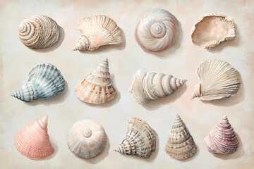 Sch&ouml;ne Muscheln in Pastellfarben auf neutralem Hintergrund

