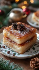 Brazilian rabanada slices, similar to French toast, dusted with cinnamon and sugar, served on a holiday-themed plate with seasonal decorations, warm, inviting lighting