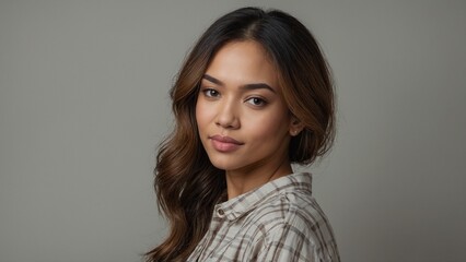 Fototapeta premium Young Asian woman with a soft smile wearing a checked shirt against a neutral background