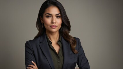 Young Asian woman with a confident expression wearing a tailored suit against a neutral background