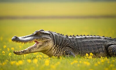 Fototapeta premium Side profile of a crocodile resting on a grassy river bank
