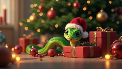 Christmas-themed green snake with festive hat sitting among gifts in cozy home setting