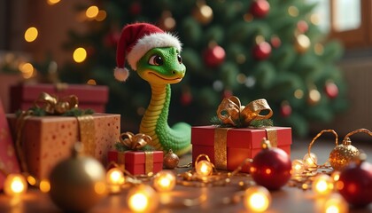 Festive green snake wearing Santa hat beside Christmas gifts and lights in cozy holiday setting