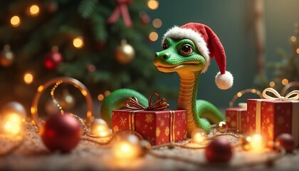 Charming green snake in Santa hat among festive Christmas gifts and warm lights in cozy setting