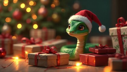 Cute green snake in Santa hat surrounded by colorful Christmas gifts and lights in cozy setting