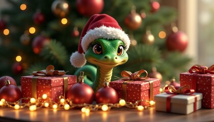 Festive green snake in Santa hat among Christmas gifts and shimmering lights in cozy holiday setting