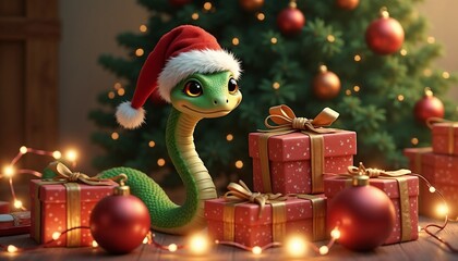 Charming green snake in Santa hat surrounded by Christmas gifts and glowing decorations in cozy home