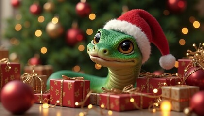 Adorable green snake wearing Santa hat with Christmas gifts and festive lights in cozy atmosphere