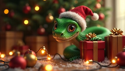 Happy green snake wearing Santa hat among Christmas gifts and festive lights in cozy environment
