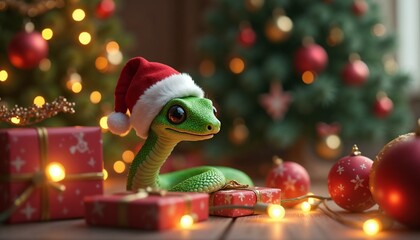 Adorable green snake wearing Santa hat among Christmas gifts and glowing lights in festive atmosphere