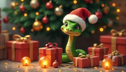 Cute green snake in Santa hat surrounded by colorful Christmas gifts and warm lights in cozy setting