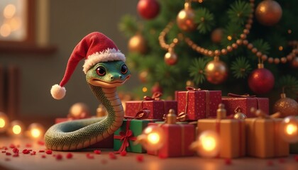 Charming green snake in Santa hat surrounded by festive Christmas gifts and warm lights in cozy setting