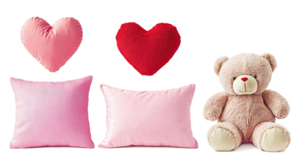 Fluffy Pink and Red Heart Pillows With Teddy Bears for Valentine's Day Generative AI