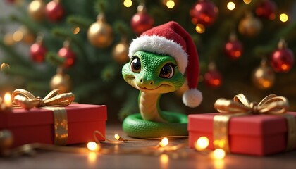 Charming green snake wearing Santa hat amidst Christmas gifts and warm lights in cozy holiday setting