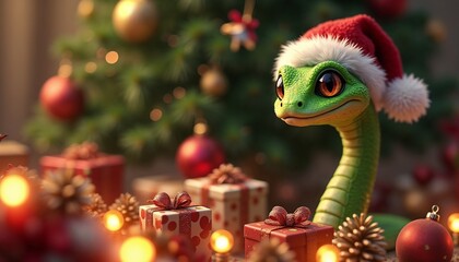 Festive green snake wearing Santa hat surrounded by Christmas gifts and glowing decorations in cozy atmosphere