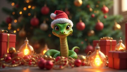 Festive green snake wearing Santa hat surrounded by Christmas gifts and glowing ornaments in cozy setting