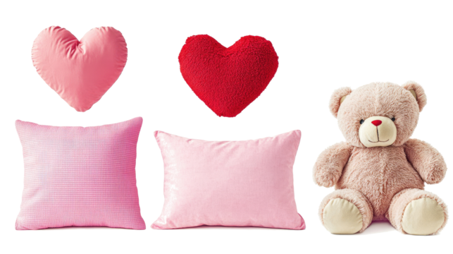 Fluffy Pink and Red Heart Pillows With Teddy Bears for Valentine's Day Generative AI