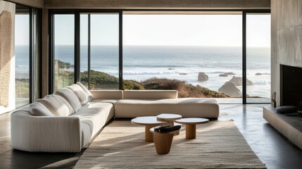 Modern living room with ocean view, featuring minimalist furniture and natural light.